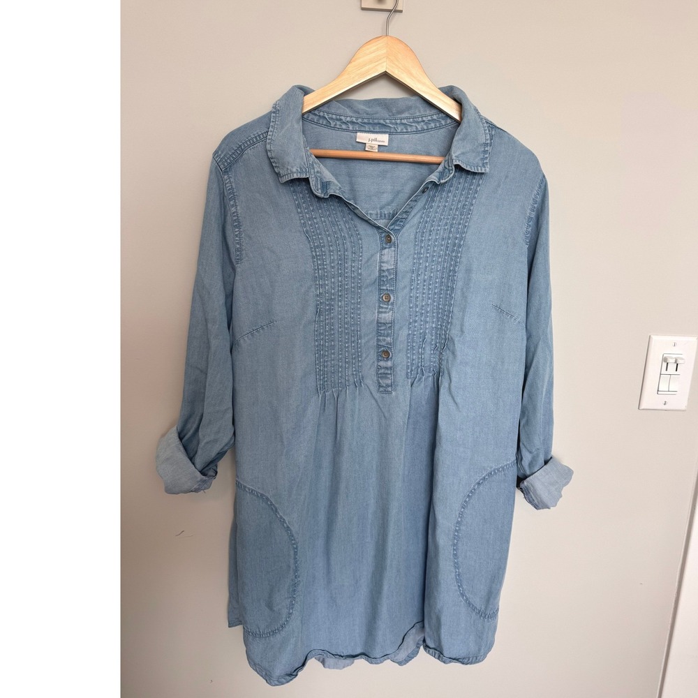 J. JILL | Tunic Dress Women L Blue Tencel Pintuck Pockets Chambray Long Shirt